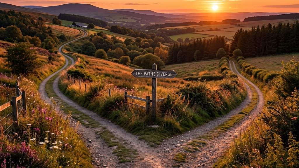 Diverging dirt paths in a countryside valley at sunset with a sign reading 'THE PATHS DIVERGE'