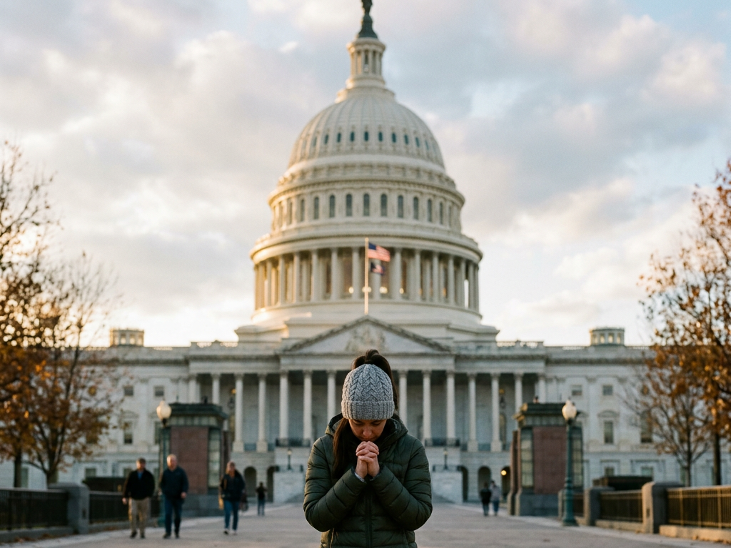 Person kneeling and clasping hands in front of U.S. Capitol building