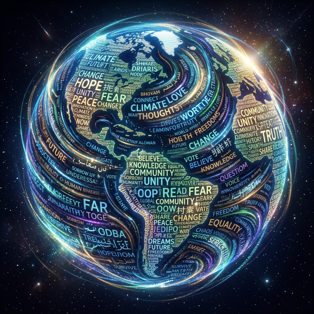 Earth globe with swirling words about climate change, unity, peace, and knowledge