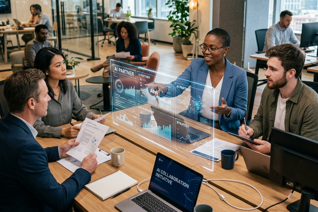 Four colleagues discussing AI collaboration with digital data displays and laptop
