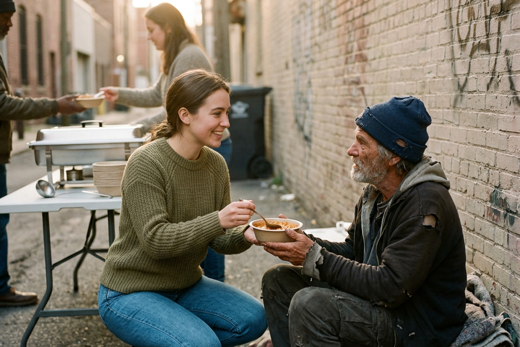Volunteer sharing a meal with an unhoused man beside a city alley