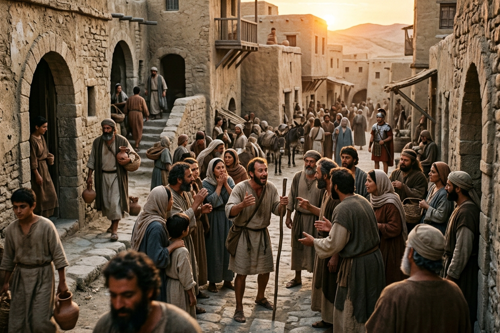 Crowded ancient village street with people, donkeys, and earthen buildings