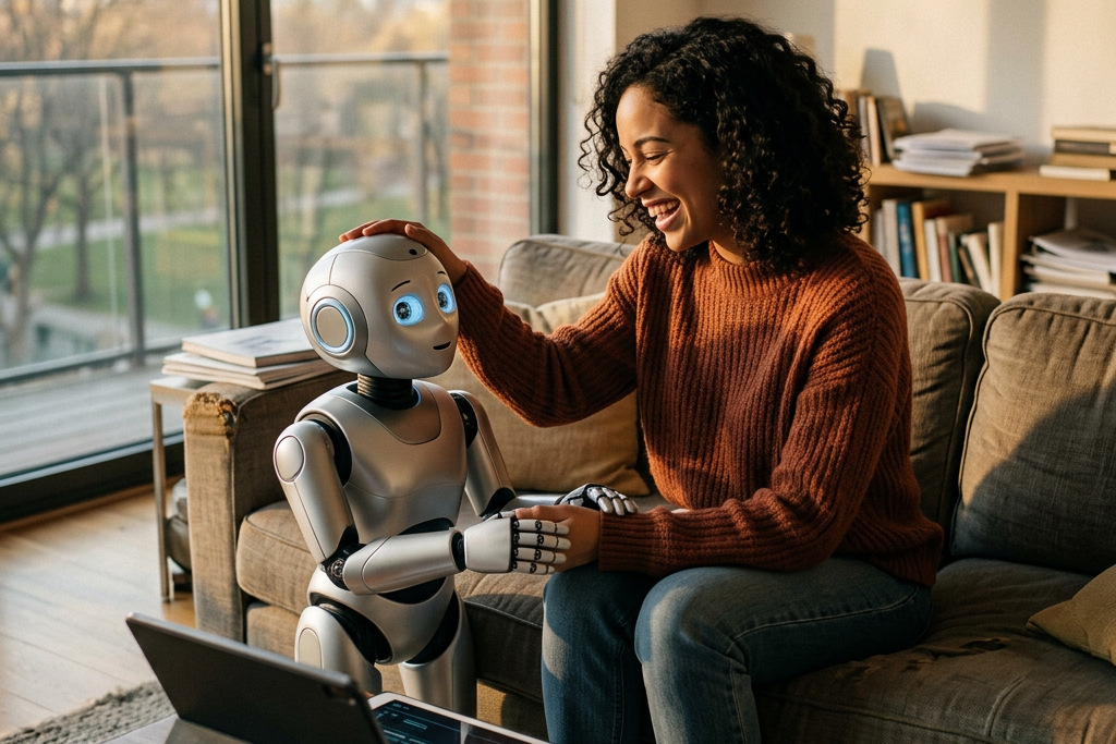 Smiling woman touching a humanoid robot beside a tablet