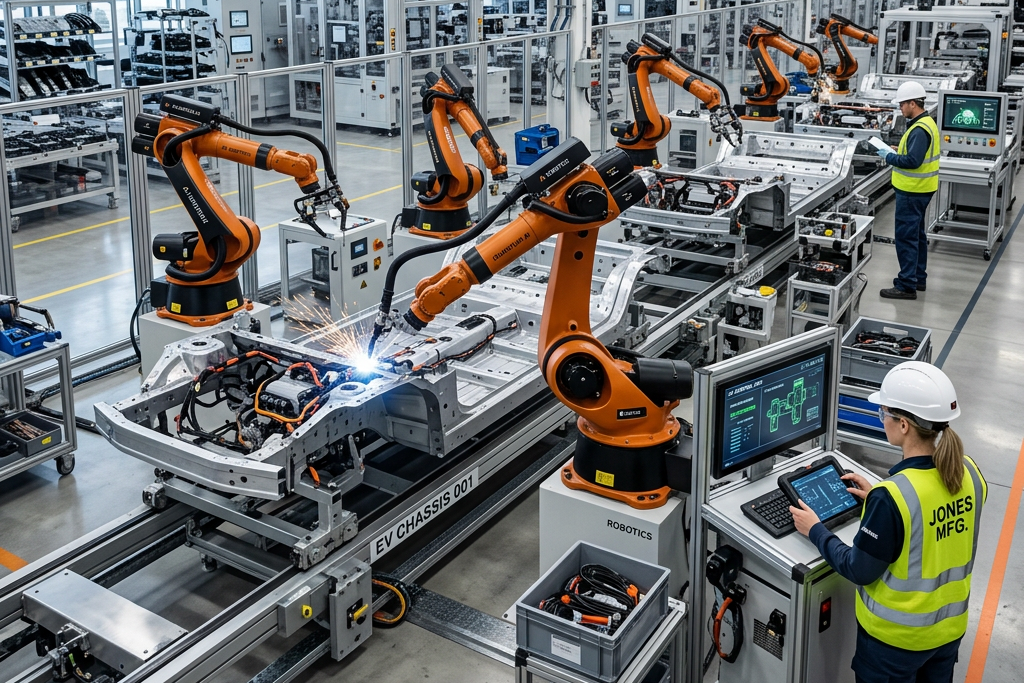 Robotic factory assembling EV chassis, with technicians, welding arms, and text “EV CHASSIS 001” and “JONES MFG.”