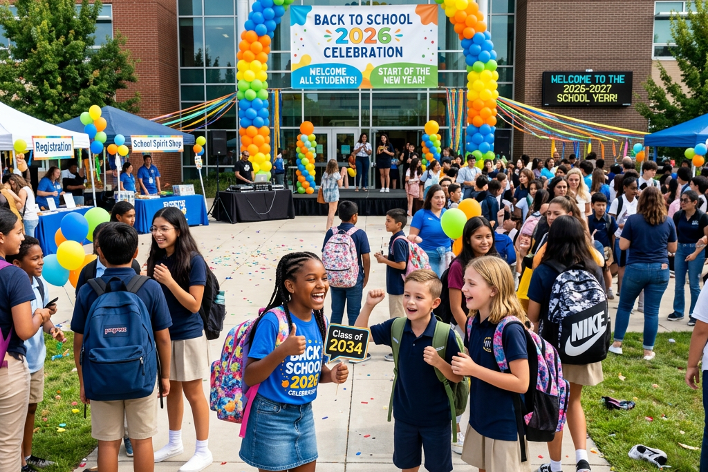 Students at a school celebration beneath a balloon arch; signs read “BACK TO SCHOOL 2026 CELEBRATION,” “WELCOME ALL STUDENTS!,” “START OF THE NEW YEAR!,” “WELCOME TO THE 2026-2027 SCHOOL YEAR!,” “Registration,” “School Spirit Shop,” and “Class of 2034.”