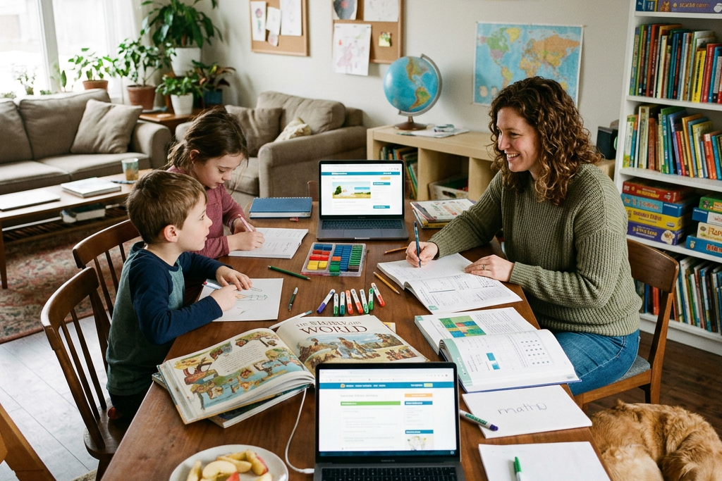 Mother and two children doing schoolwork together at a dining table