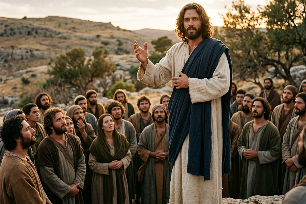 Bearded robed teacher speaking to a gathered crowd in a rocky landscape