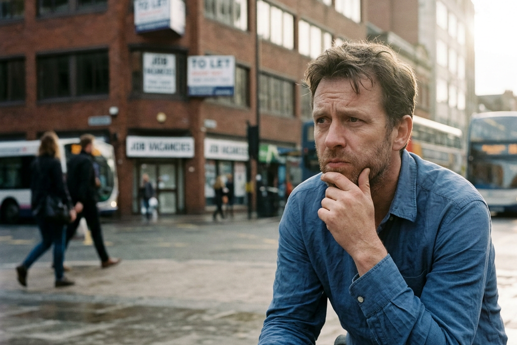 Thoughtful man holding a rolled newspaper on a city street