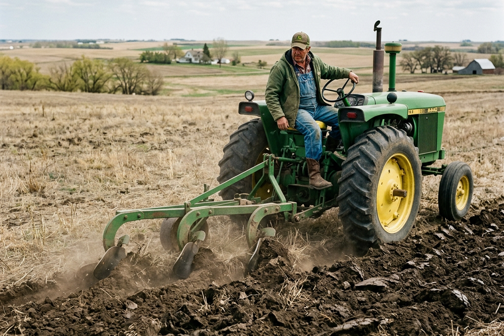 Farmer driving a green tractor while plowing a prairie field