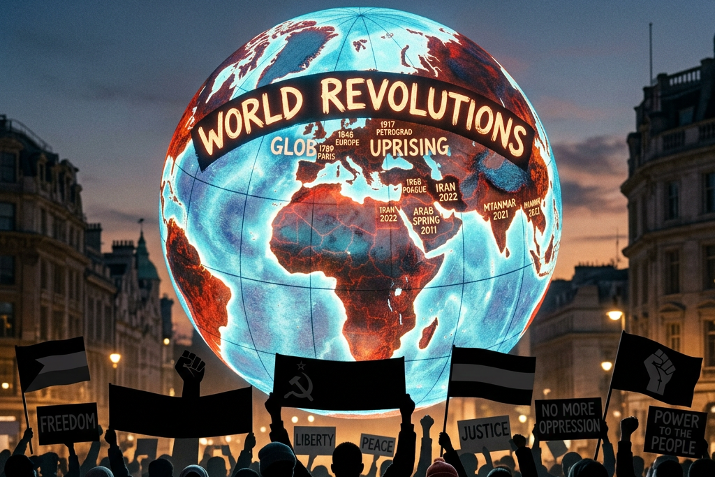 Protest crowd holding signs beneath globe reading WORLD REVOLUTIONS, FREEDOM, JUSTICE, and POWER TO THE PEOPLE