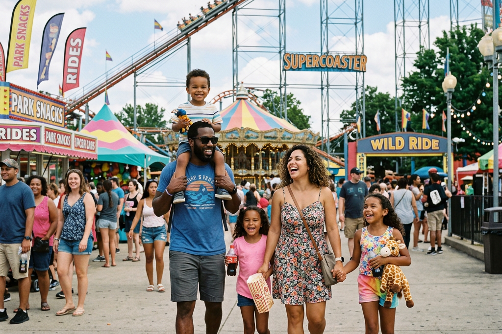 Family walking through an amusement park beneath a large roller coaster