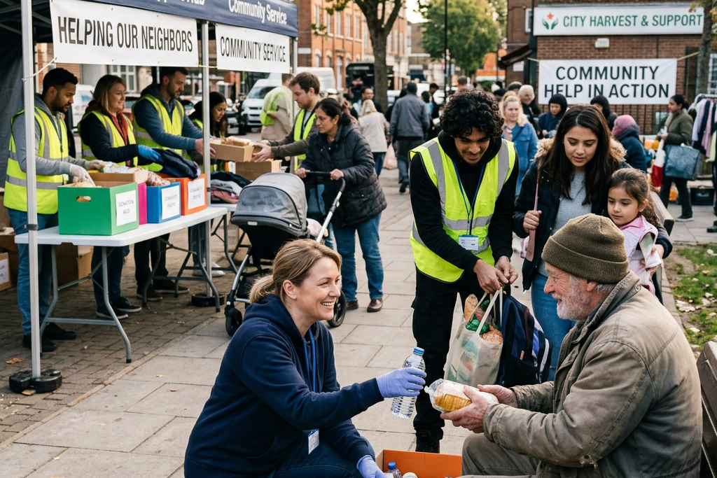 Volunteers distributing food and supplies to community members outdoors
