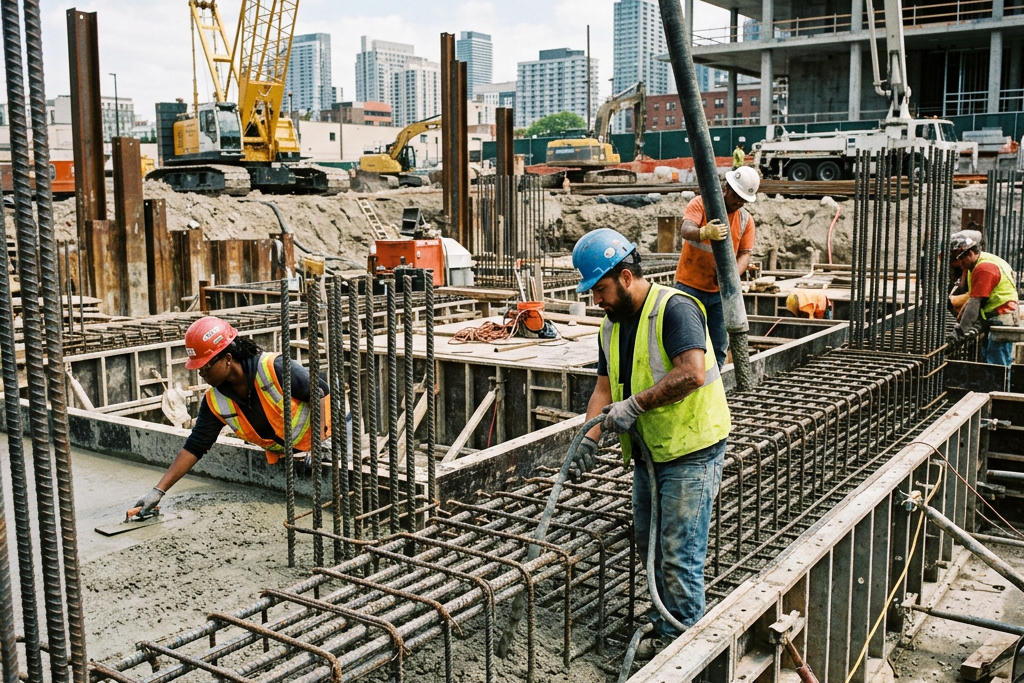 Construction workers pouring concrete around rebar at an urban building site