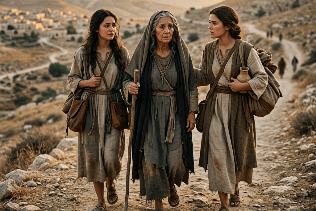 Three women in ancient-style clothing walking along a rocky hillside path