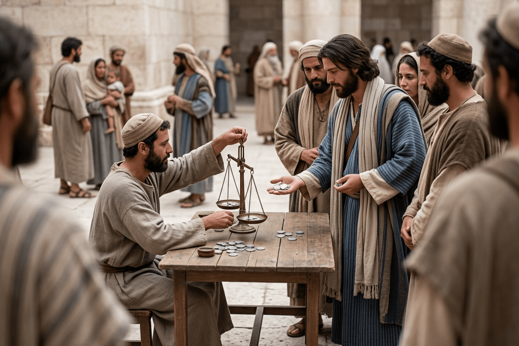 A robed merchant weighs coins for a customer at a marketplace table