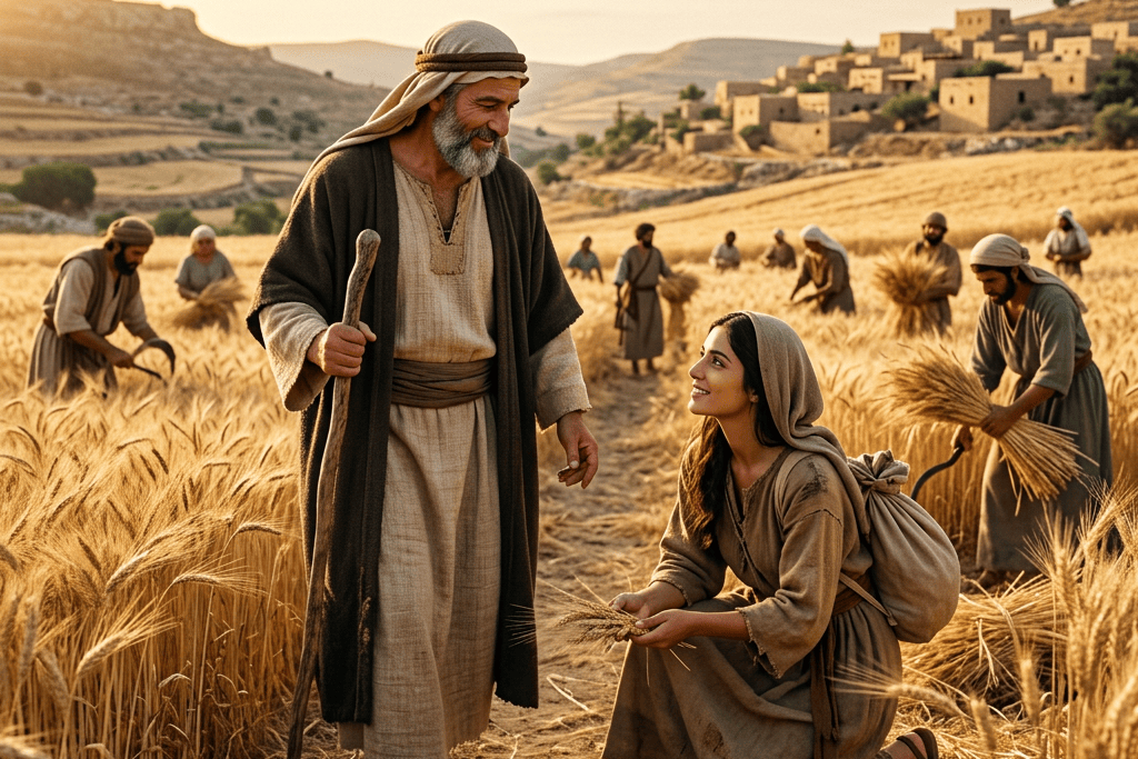 Farmers harvesting wheat in a sunlit field near a hillside village