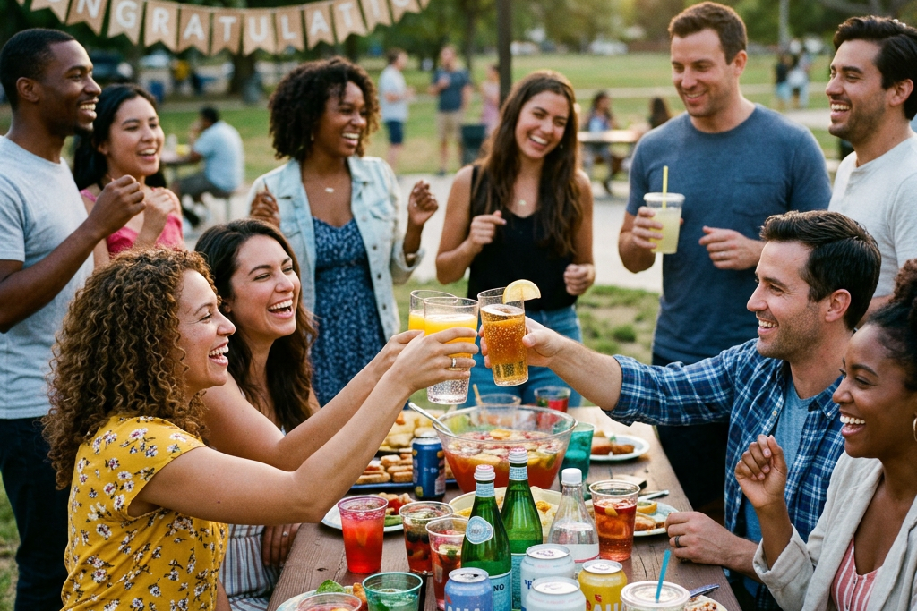 Friends toasting beneath a CONGRATULATIONS banner at an outdoor party