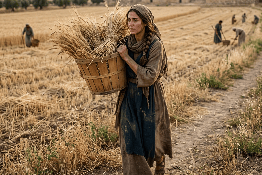 Woman carrying a basket of wheat through a harvested field