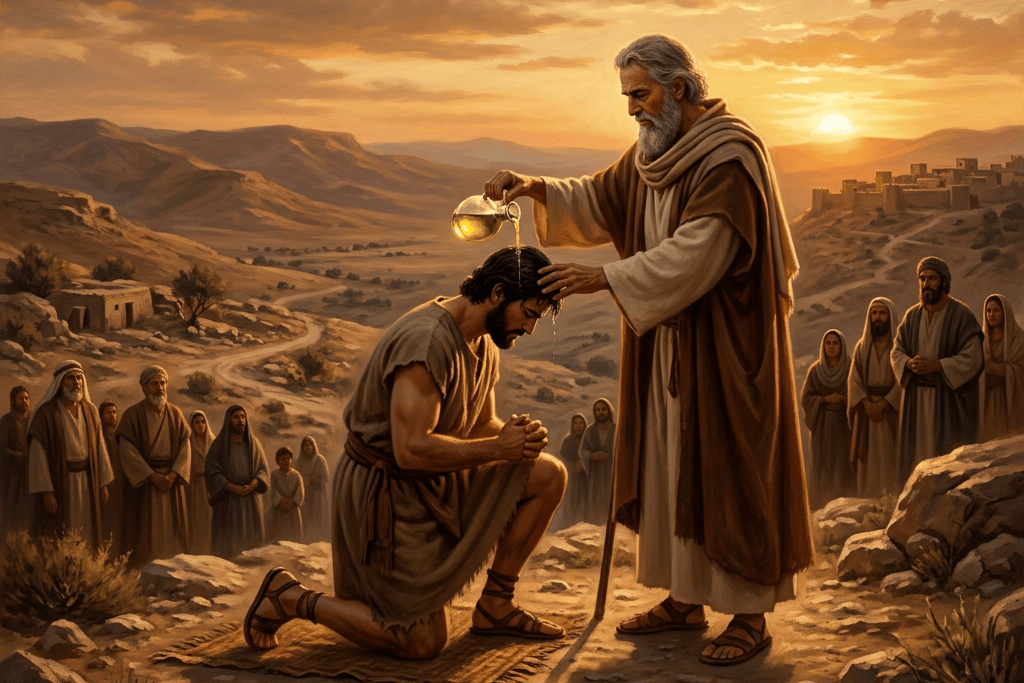 An elder pours water over a kneeling man's head before gathered witnesses