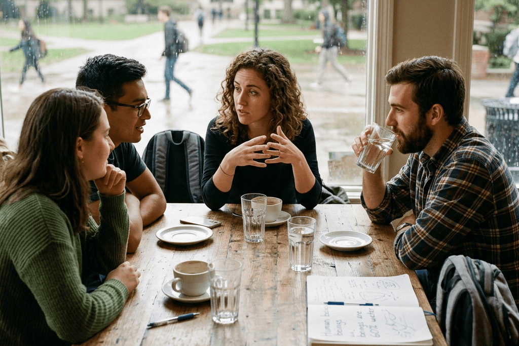 Four people discussing ideas around a café table beside a rainy campus window