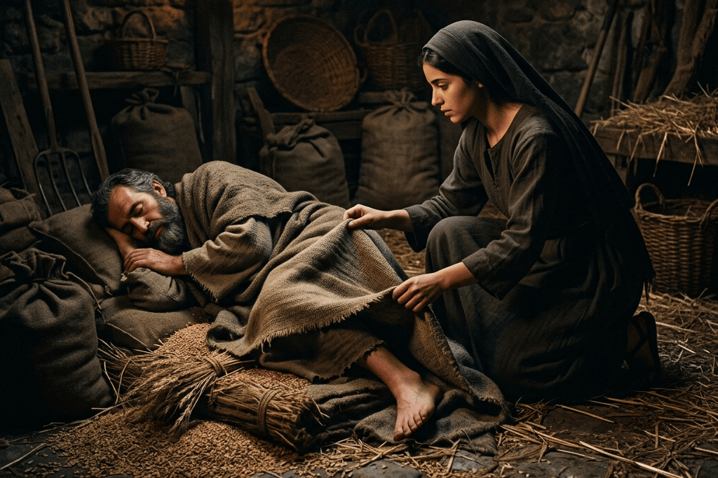 Woman covering a sleeping man with a blanket in a rustic shelter