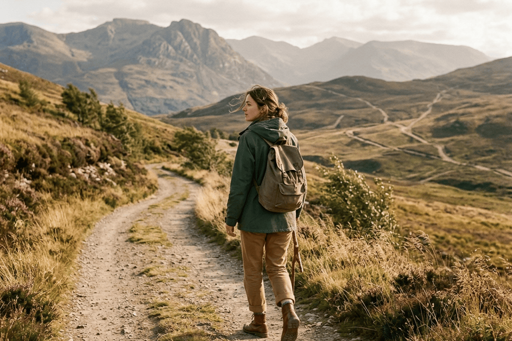 Hiker with backpack walking along a mountain trail toward distant peaks