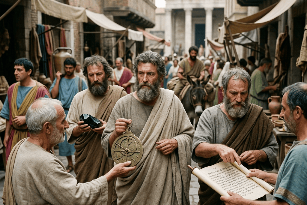 Bearded men discuss an astronomical instrument and scroll in an ancient marketplace