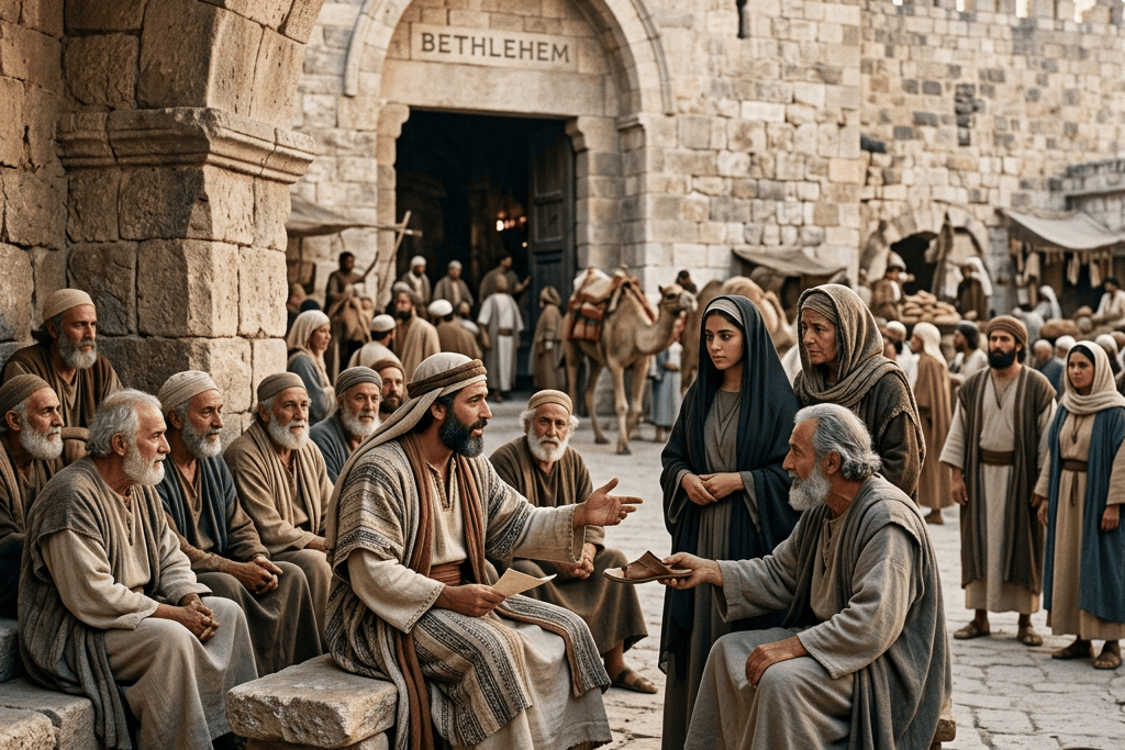 People gathered outside a stone gate labeled BETHLEHEM, with camels nearby