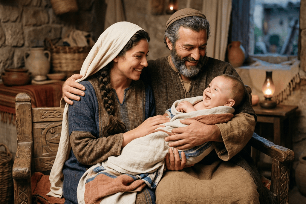 Smiling couple holding a laughing baby in a rustic stone home